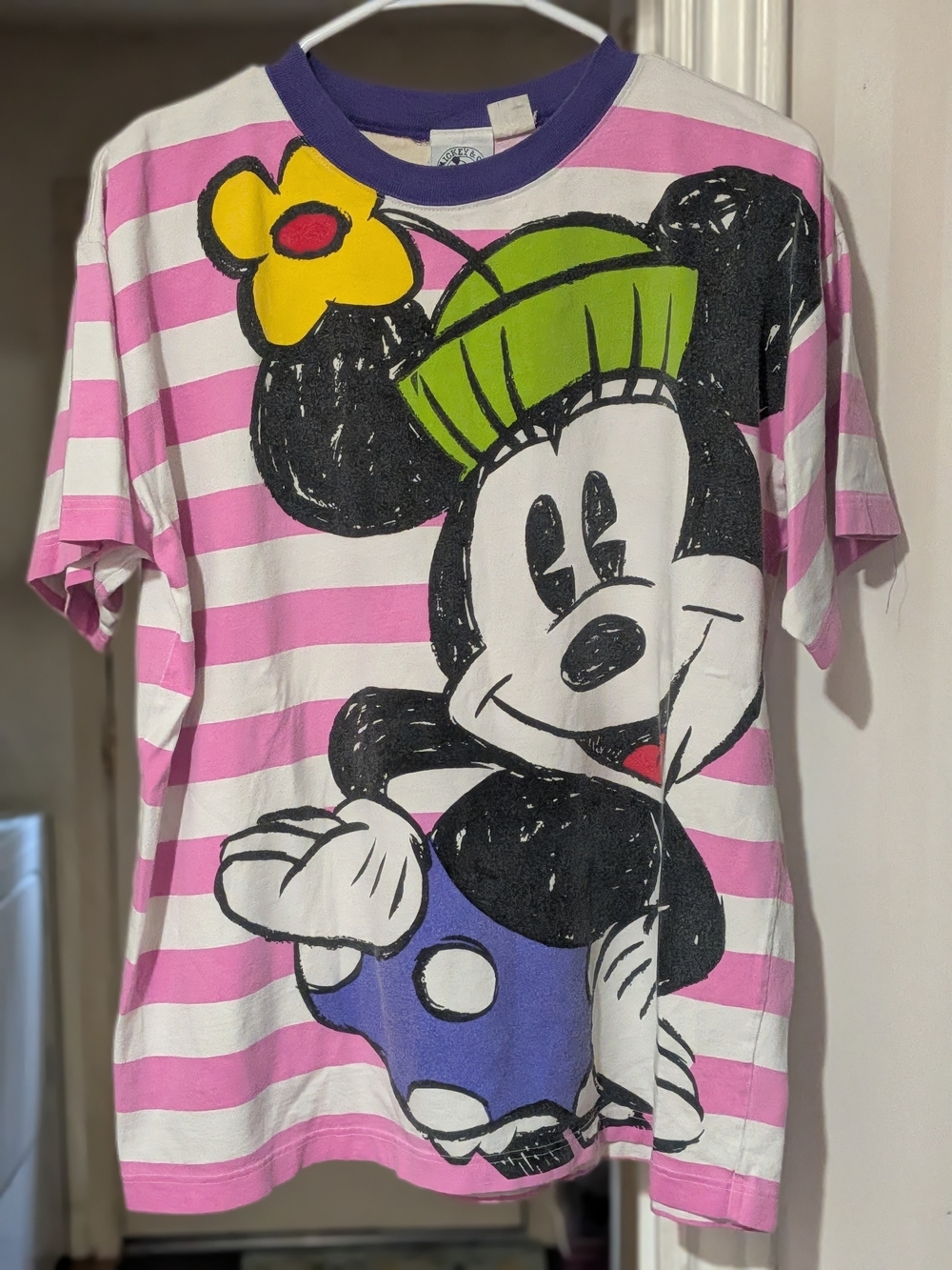 Vintage Disney Minnie Mouse Pink & White Striped Short Sleeve Tee